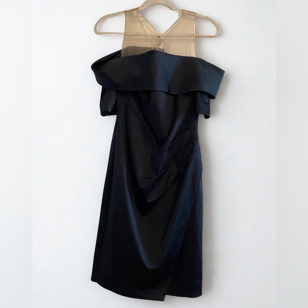 NWT Kay Unger Asymmetrical Sheer Neck Navy Blue Dress Size 6